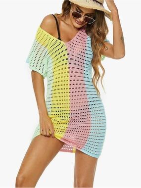 Colorblock Crochet Tunic Dress - swimsuit, cover-up Pastel Multi